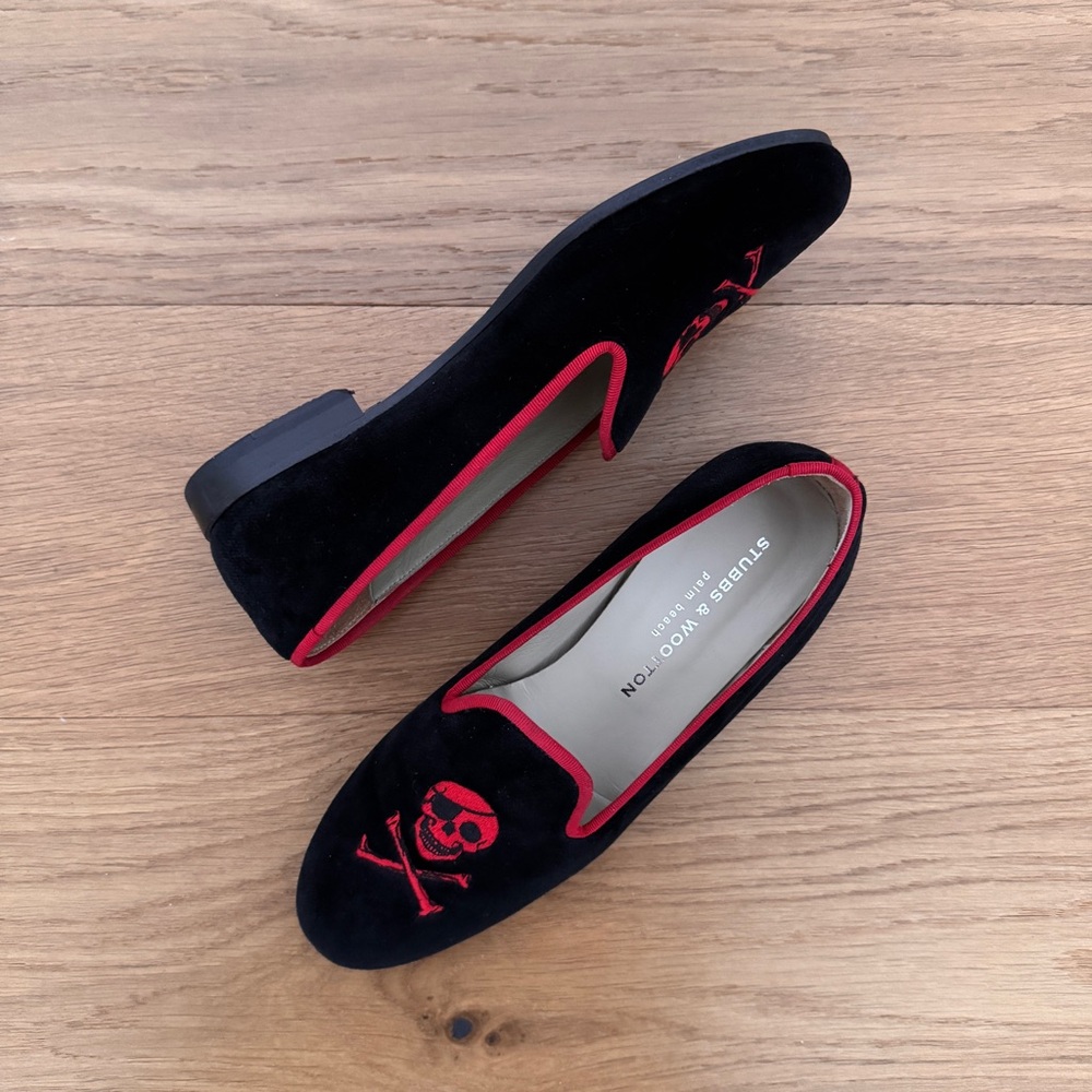 STUBBS & WOOTTON Skull Black Velvet Slipper, 8.5